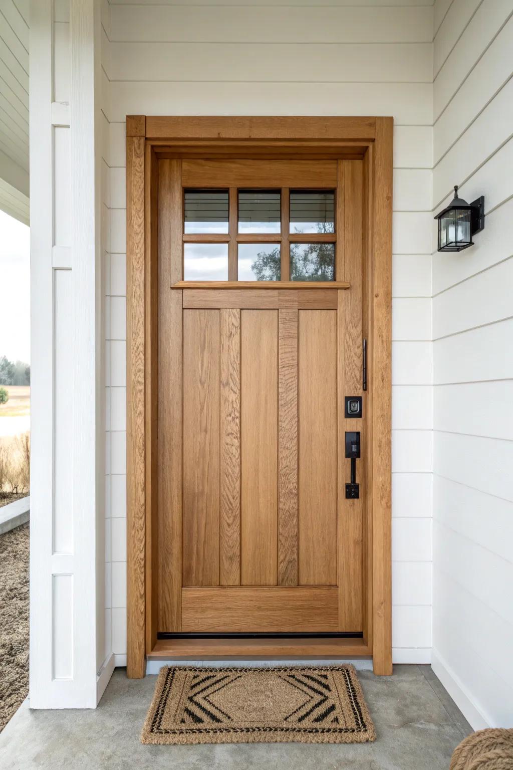 Warm oak Craftsman door with frosted upper glass lites—bright entry light, private and timeless.