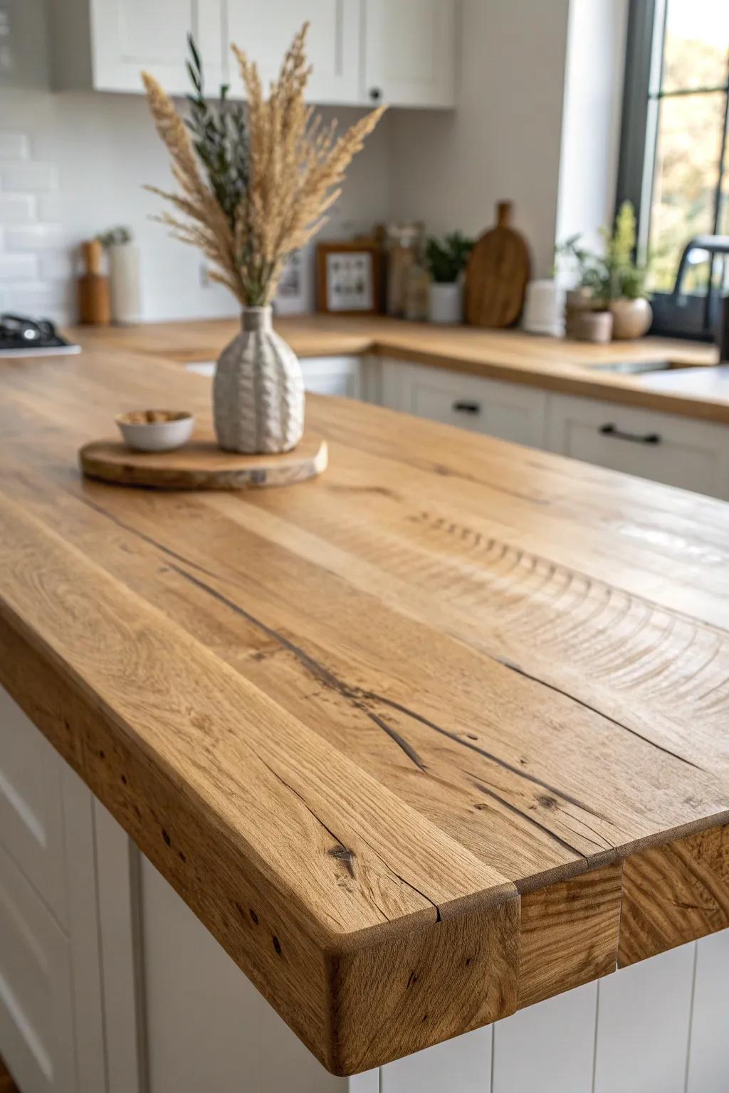 Wide-plank wood countertops: fewer seams, bigger grain, and a warm furniture-like feel.
