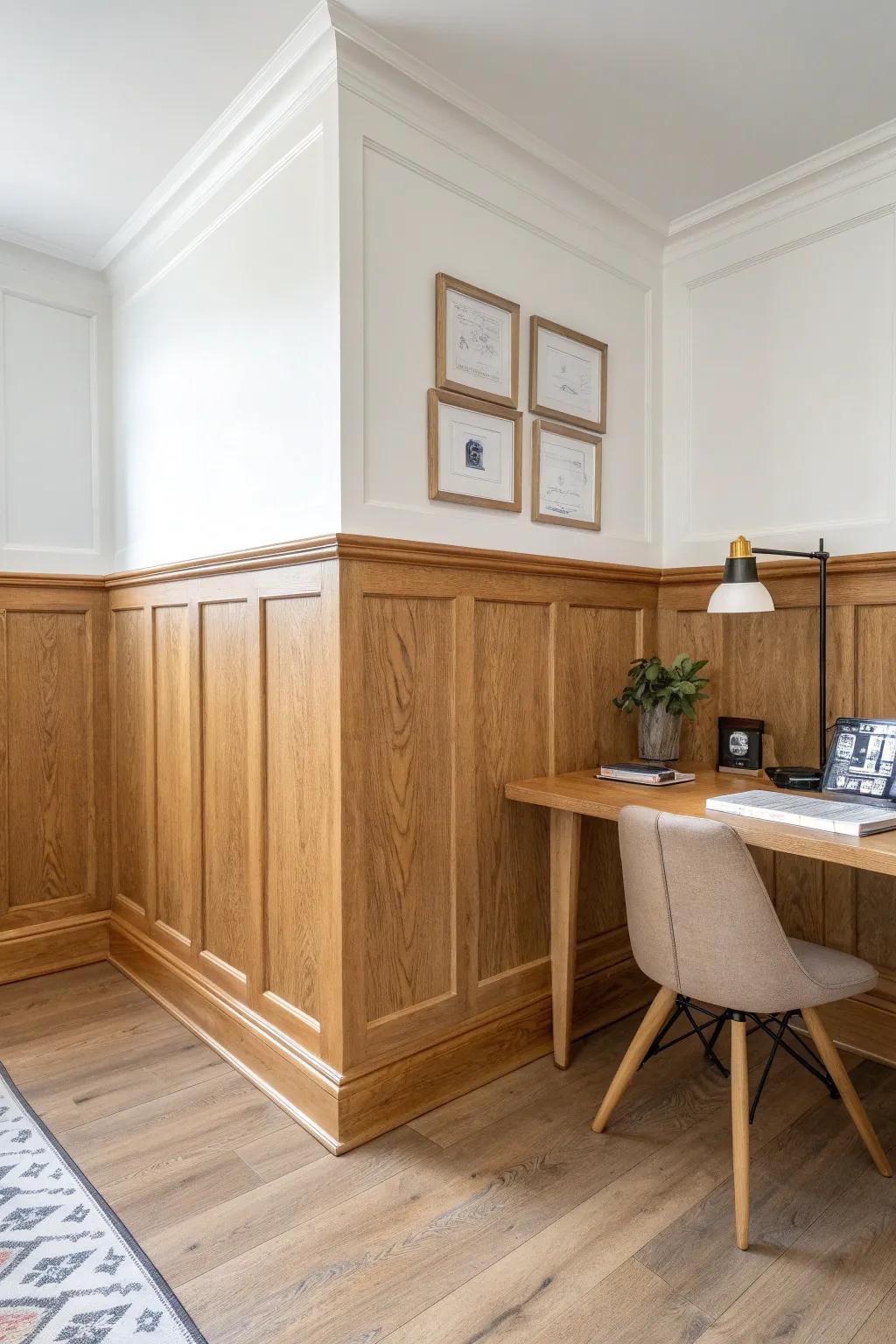 Raised-panel wainscoting adds a grounded, finished office feel—classic wood, minimal clutter.