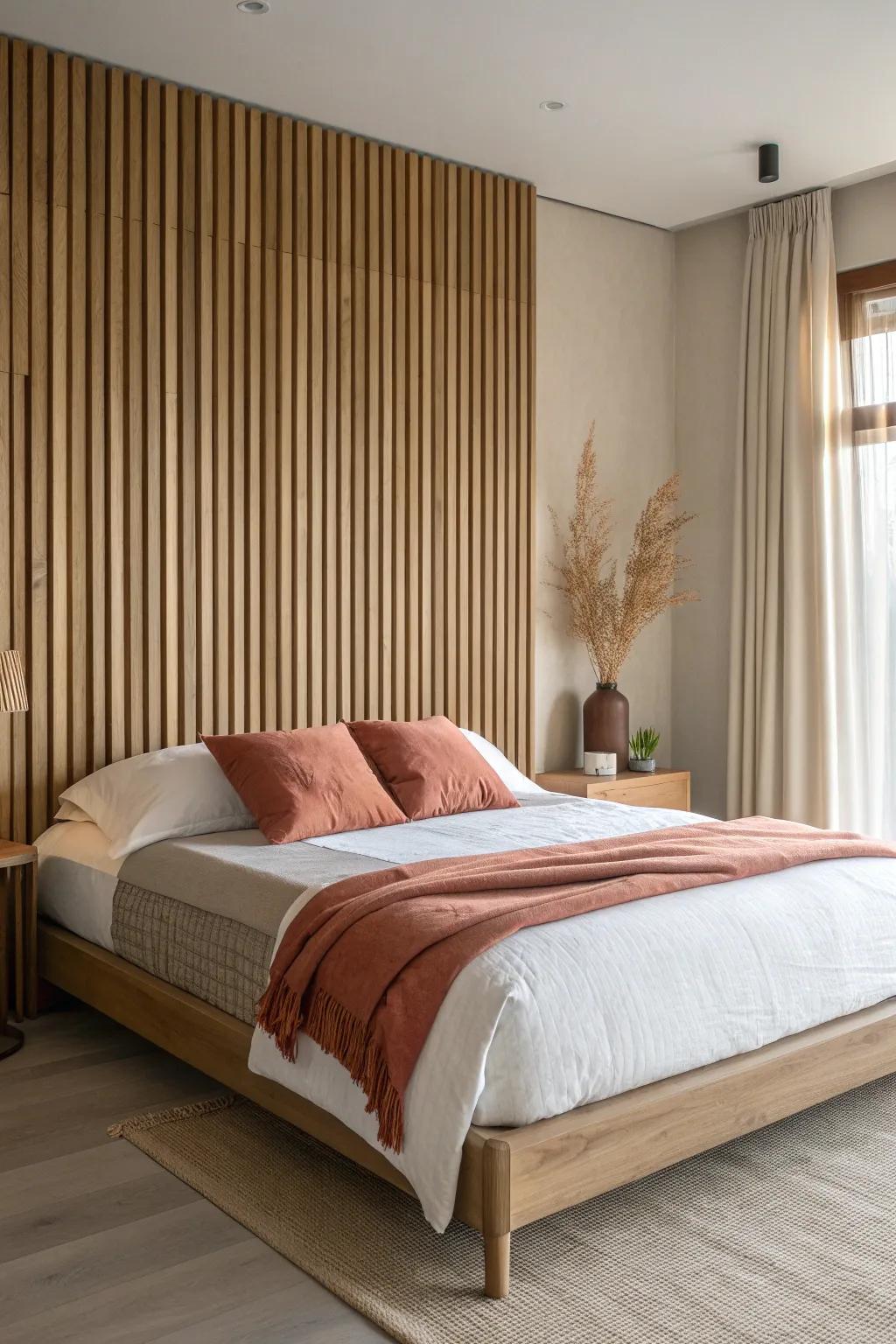 Vertical oak slat feature wall: clean lines and warm texture that instantly elevates simple bedding.