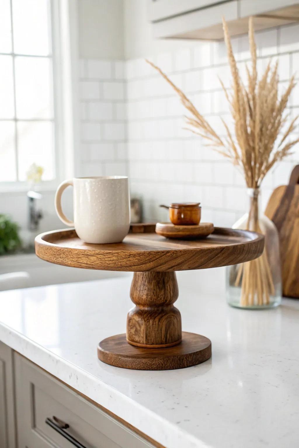 Cozy coffee bar lift: a warm-stained wood riser that corrals mugs with minimalist charm.