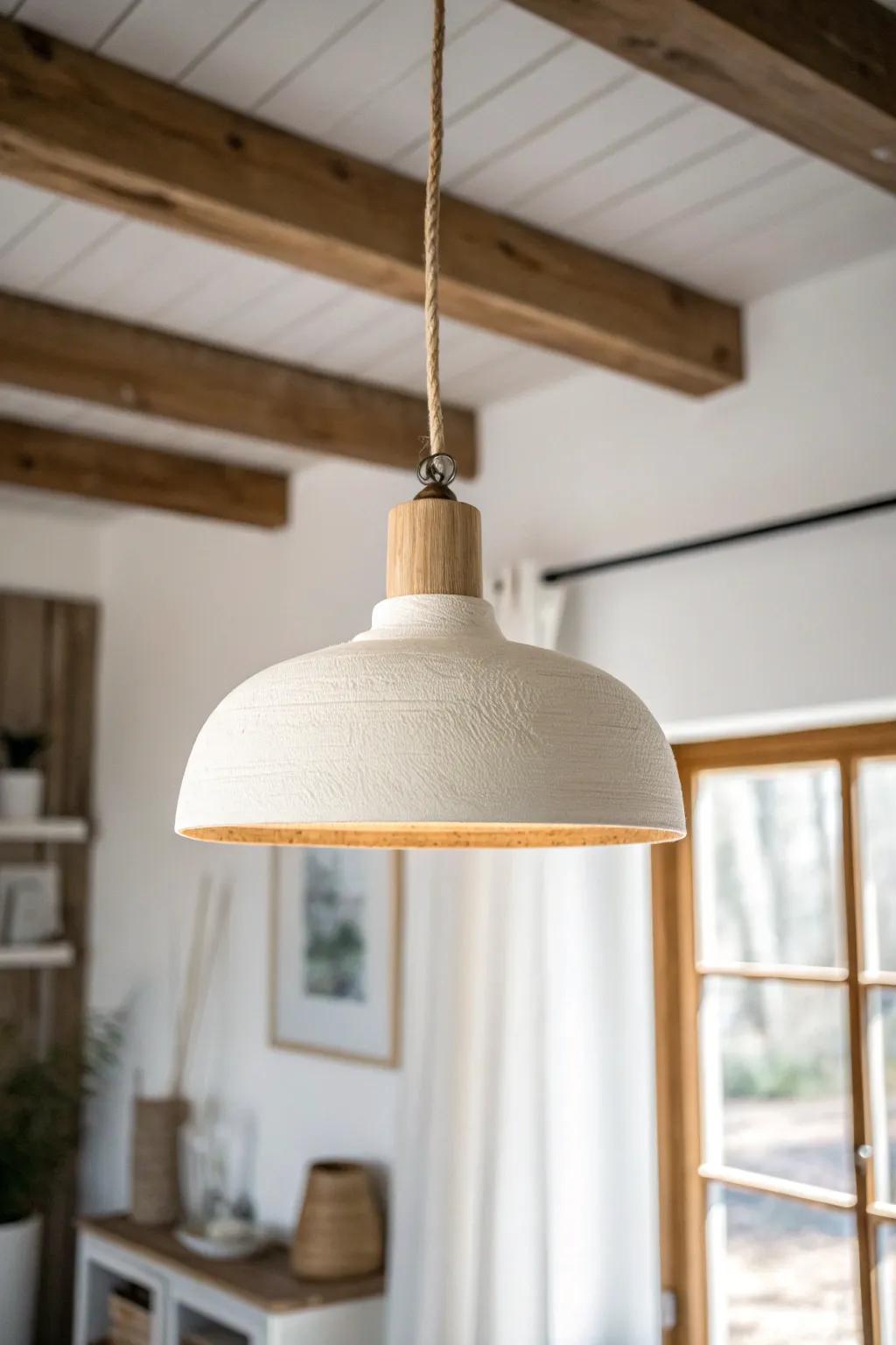 Light oak slat ceiling + crisp white walls for an airy, warm modern farmhouse feel.