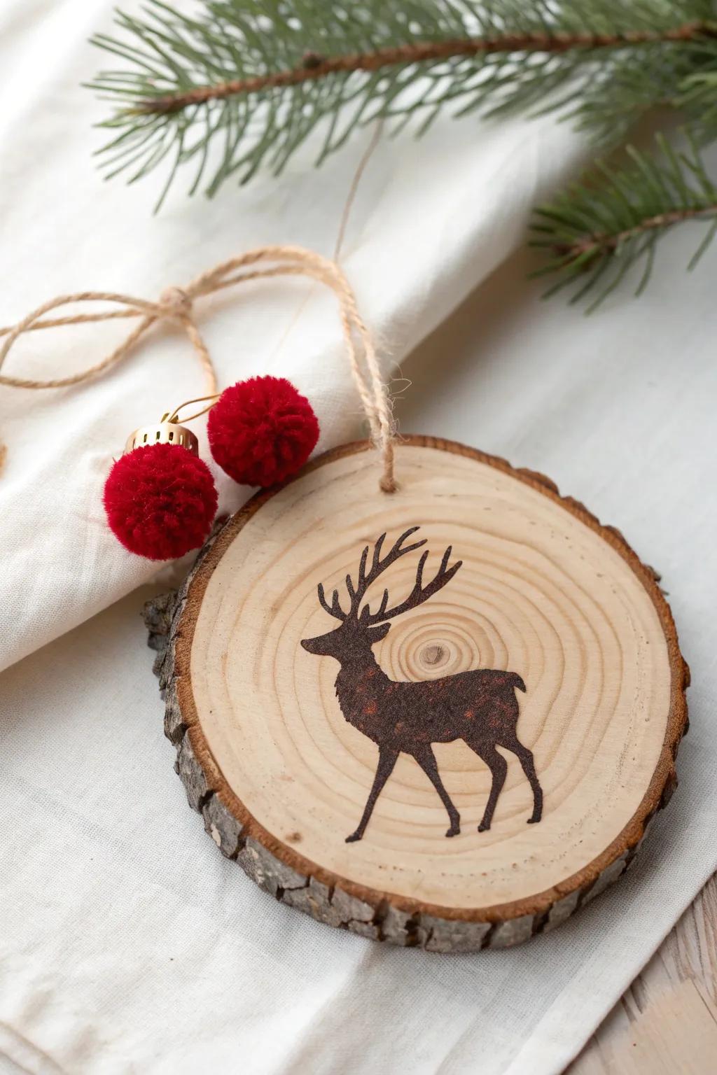 Rustic reindeer wood-slice ornament with a bold burned silhouette and a sweet red pom nose.