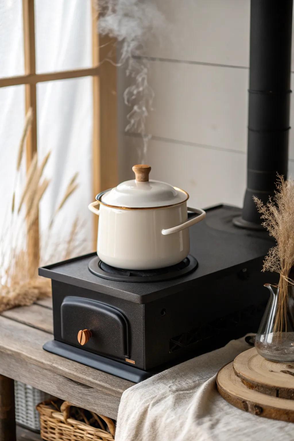 Glossy enameled steamer on a wood stove—pretty, practical humidity with easy cleanup.
