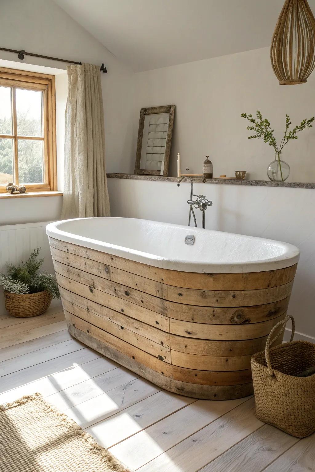 Reclaimed wood plank wrap: knots, nail holes, and warm grain turn a plain tub into a focal point.