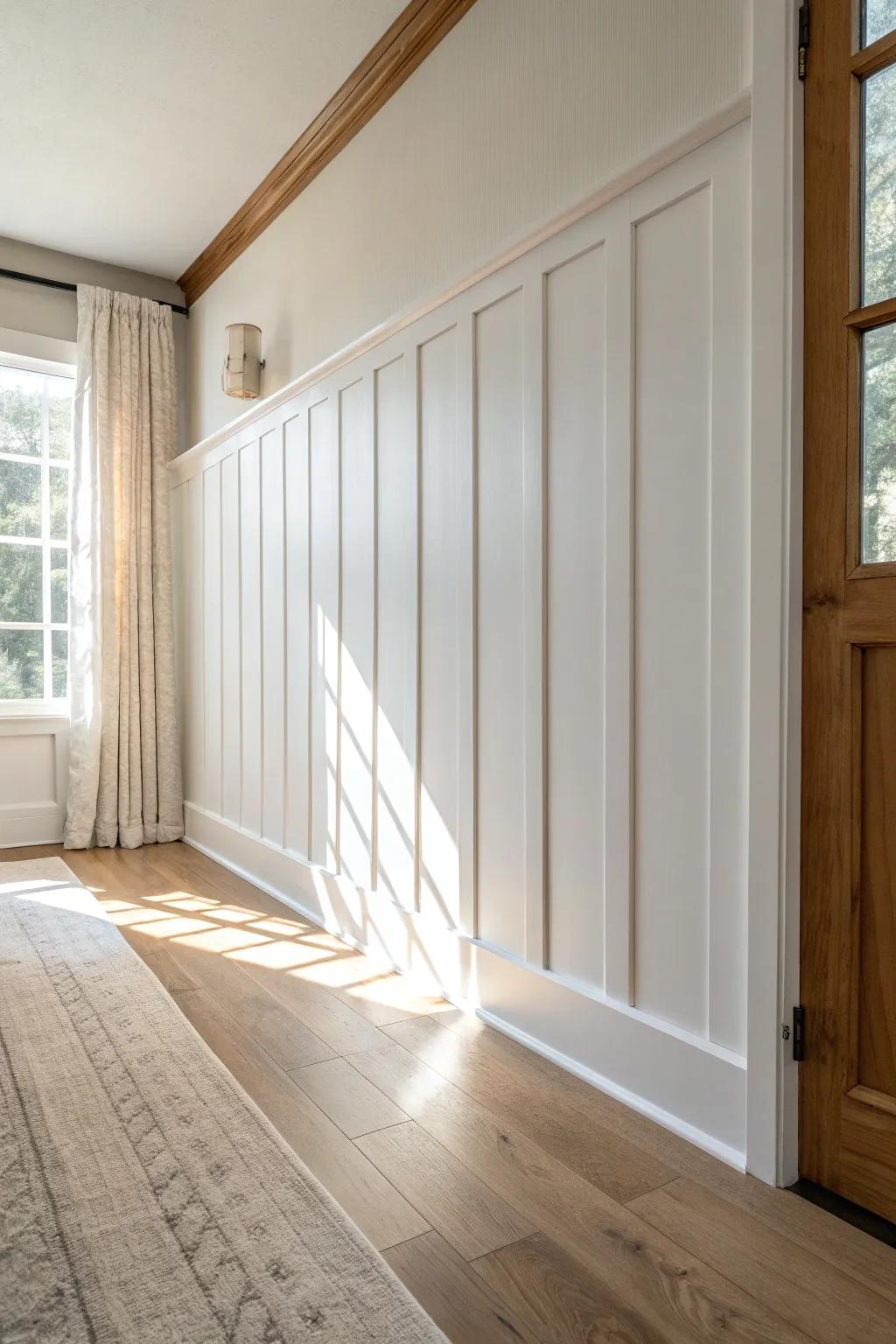 Classic board-and-batten in warm white—clean lines, easy DIY, and instantly custom charm.