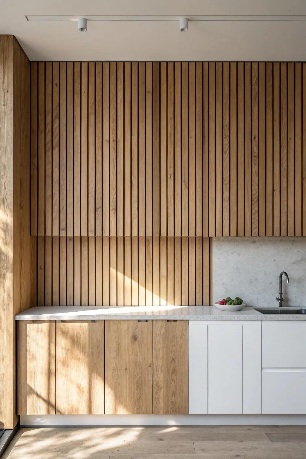 Full-height oak backsplash turns the grain into art—instantly taller, warmer, and calm.