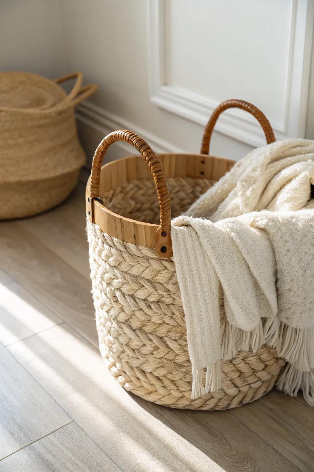 A tight-weave basket with oak handles keeps cozy throws tidy and beautifully within reach.