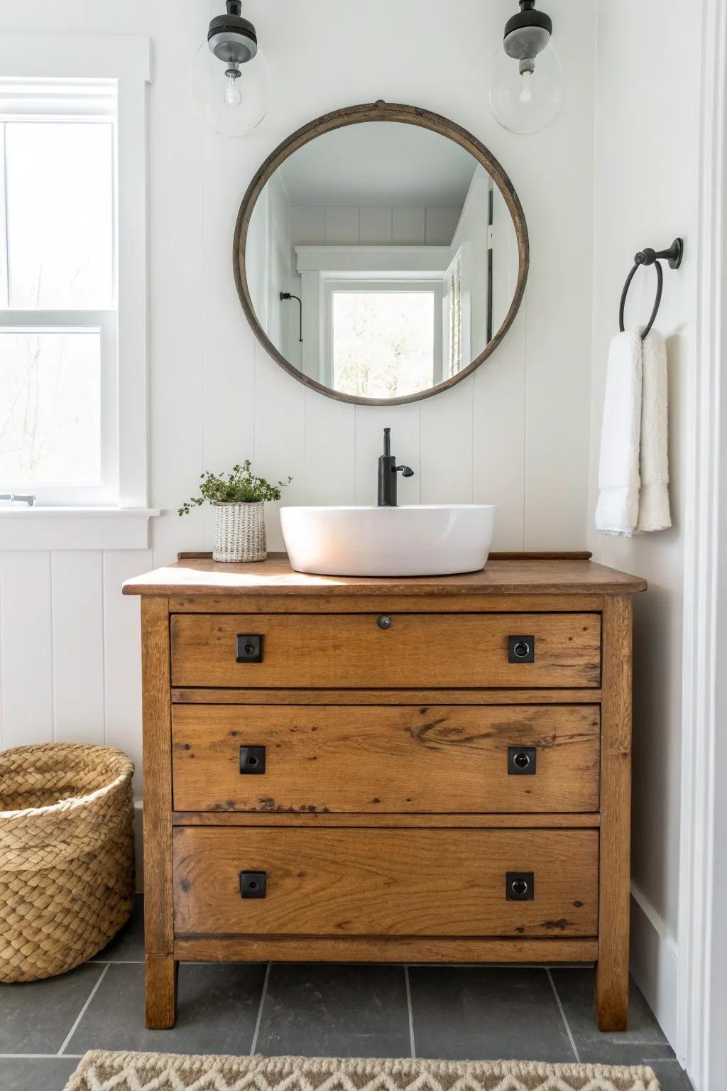 Reclaimed dresser vanity with real patina—timeless wood warmth, sealed for everyday bathroom life.