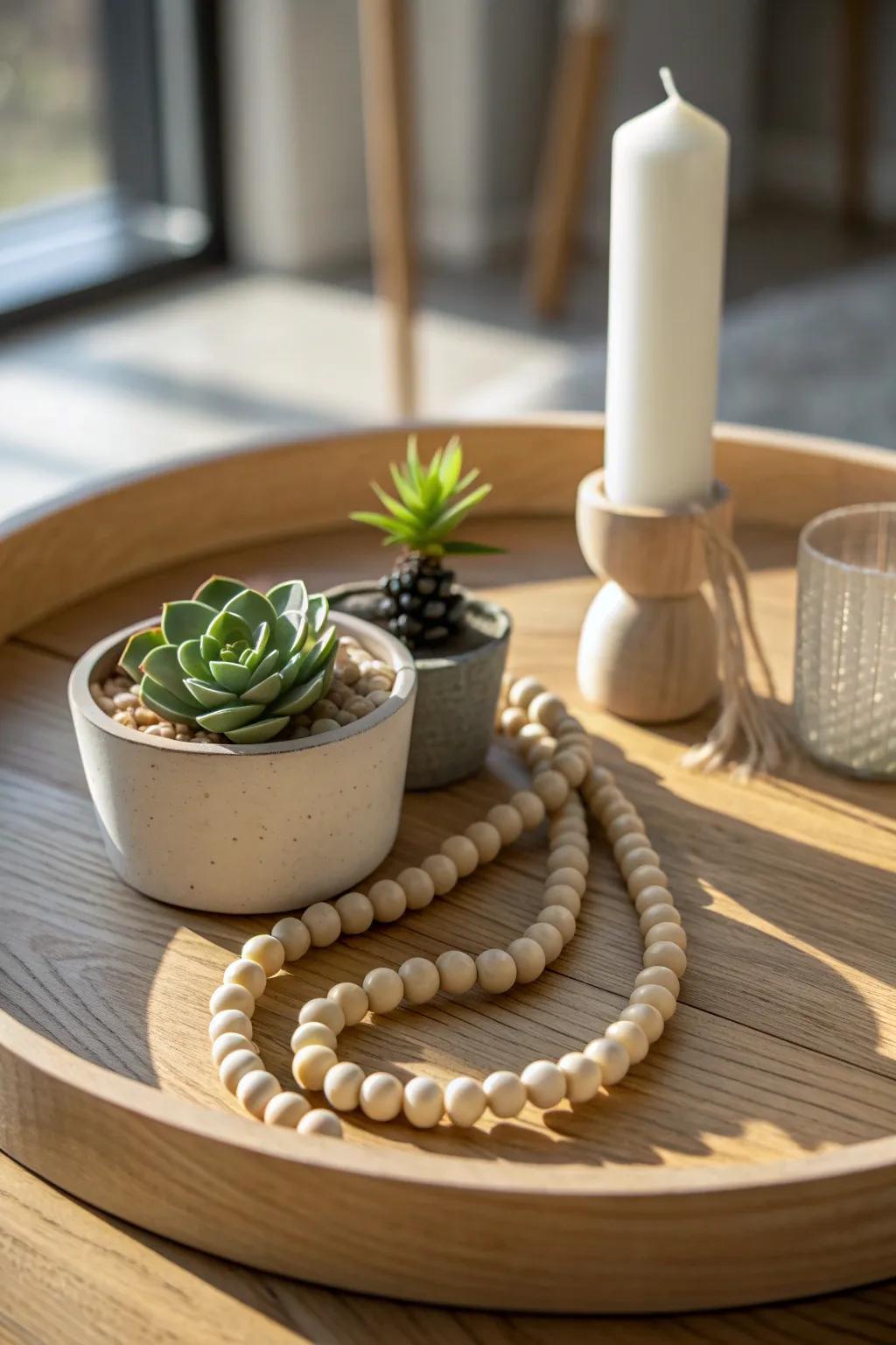 Loosely coil a wood bead garland in a tray with a candle and tiny plant for instant polish.