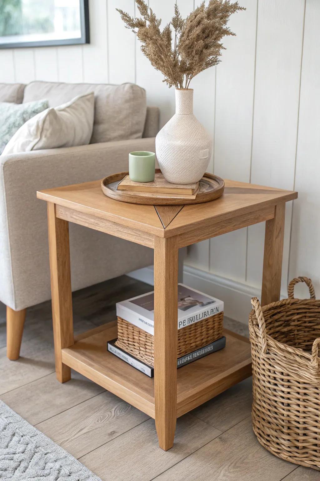 Two-tier corner table with an inset shelf—perfect for books and baskets in a calm, airy nook.
