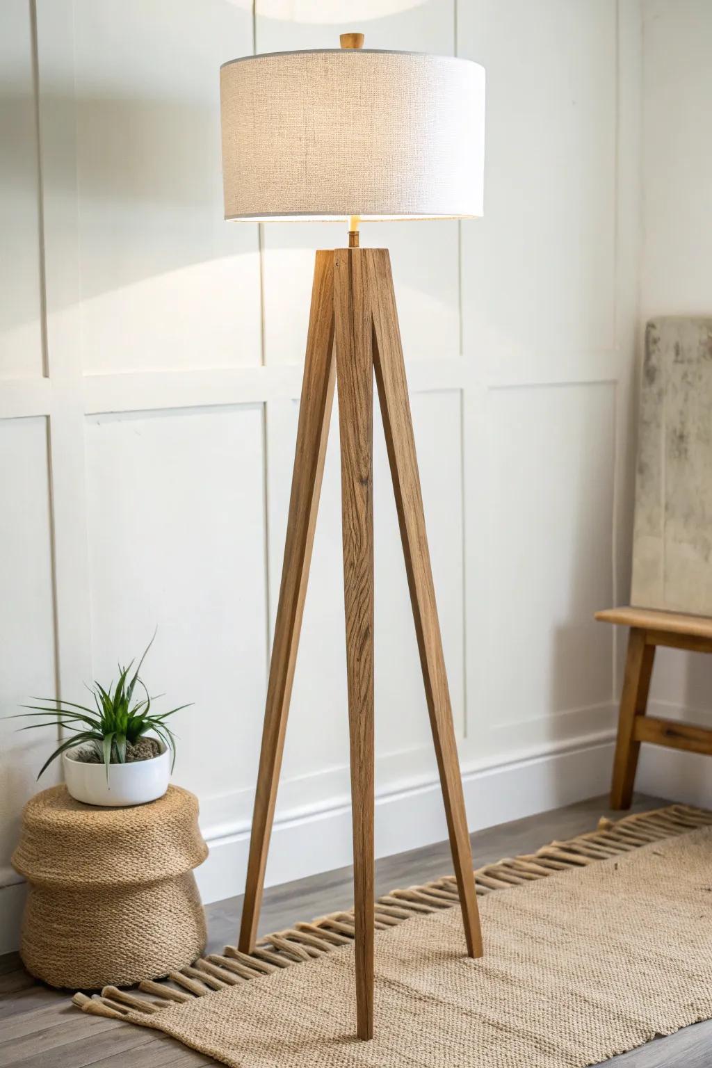 Handmade tripod oak floor lamp with linen shade—minimal Scandinavian style with soft boho warmth.