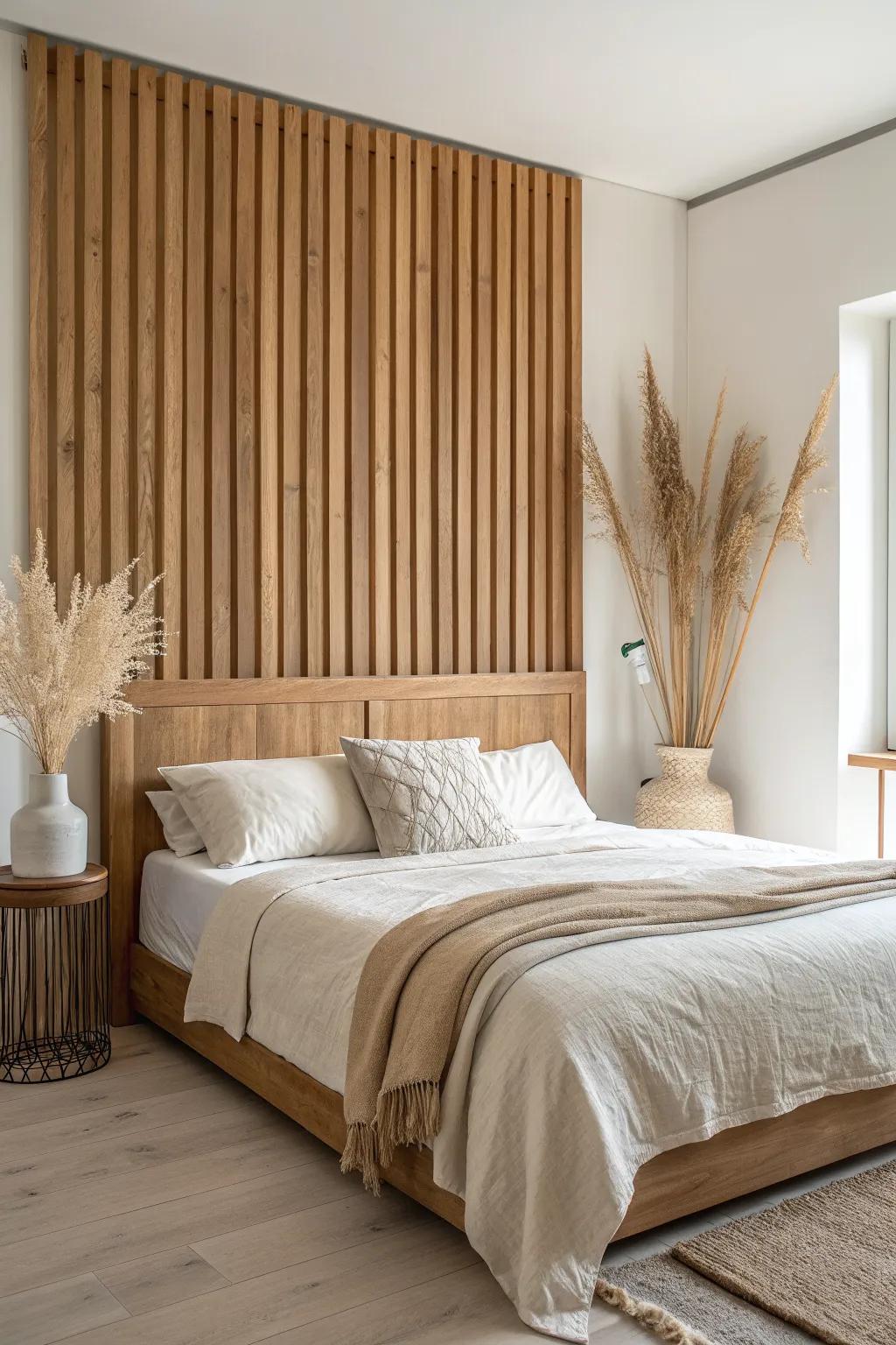 Warm oak vertical slat headboard wall that adds texture and depth to soft neutral bedding.