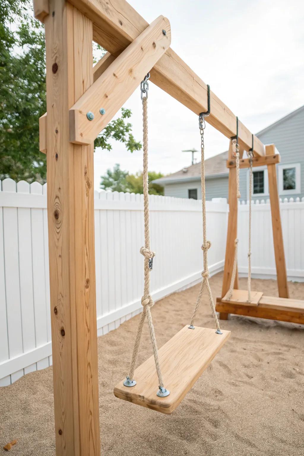 Overbuilt cedar swing beam with two seats + trapeze—minimal, sturdy, and play-ready.