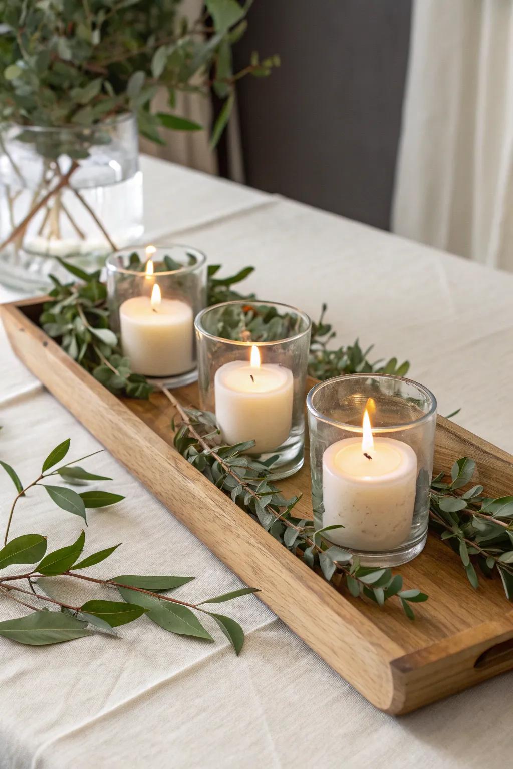 Greenery garland and glowing glass votives—an easy wooden tray centerpiece with calm contrast.
