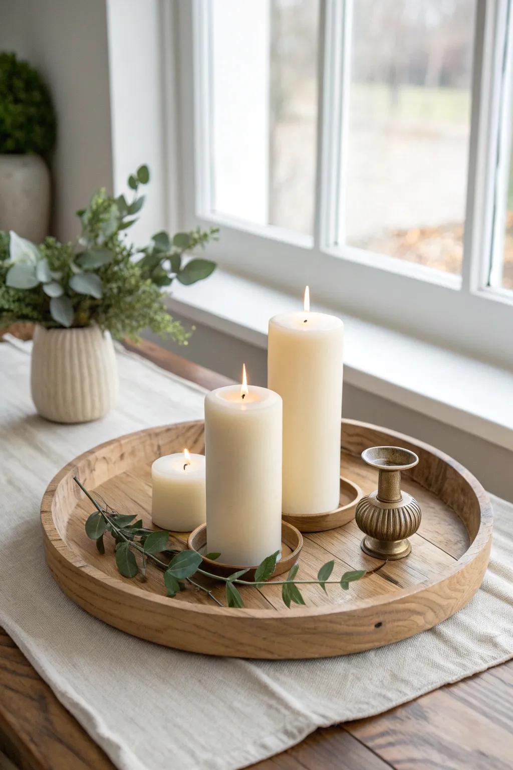 Cozy candle cluster on a wooden tray—simple, warm, and effortlessly styled with greenery.