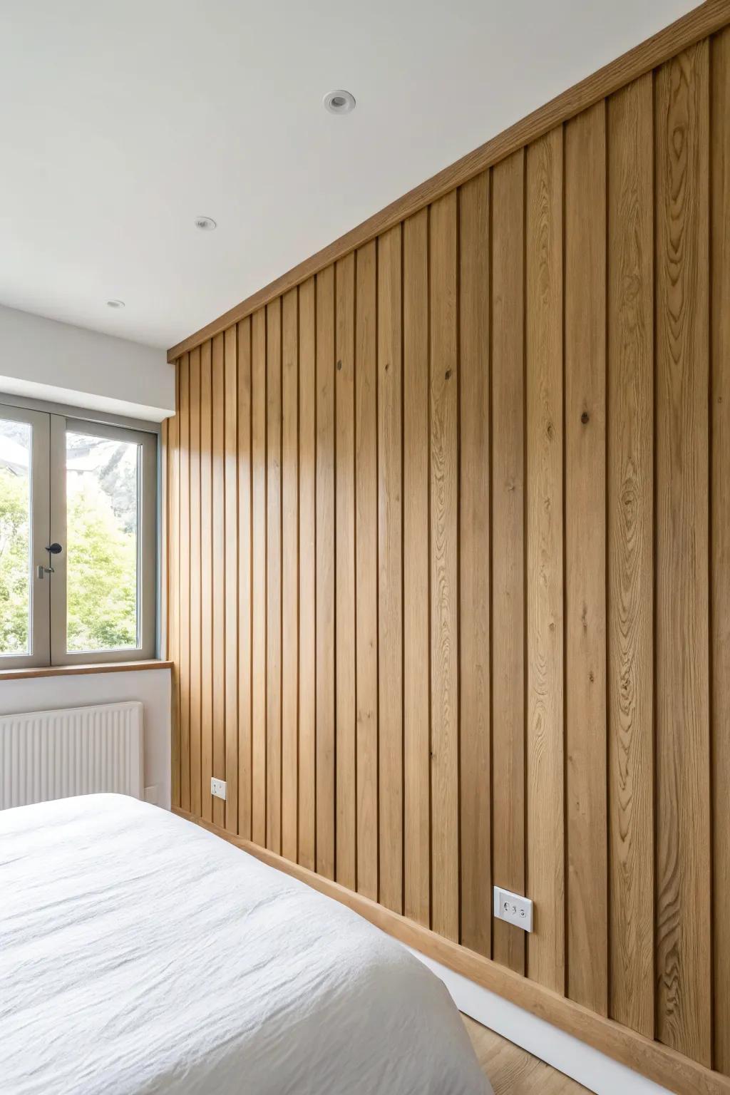 Full-width oak paneling creates a serene, built-in headboard wall that makes rooms feel larger.