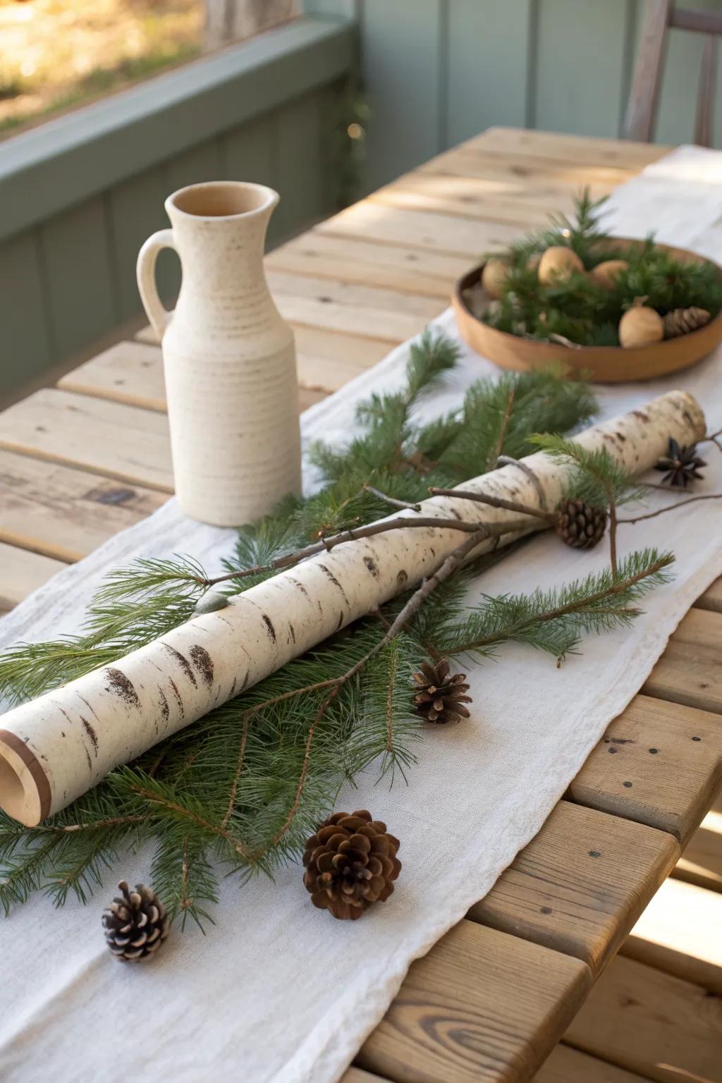 A simple birch branch + evergreen clippings makes a chic, straight-from-the-woods centerpiece.