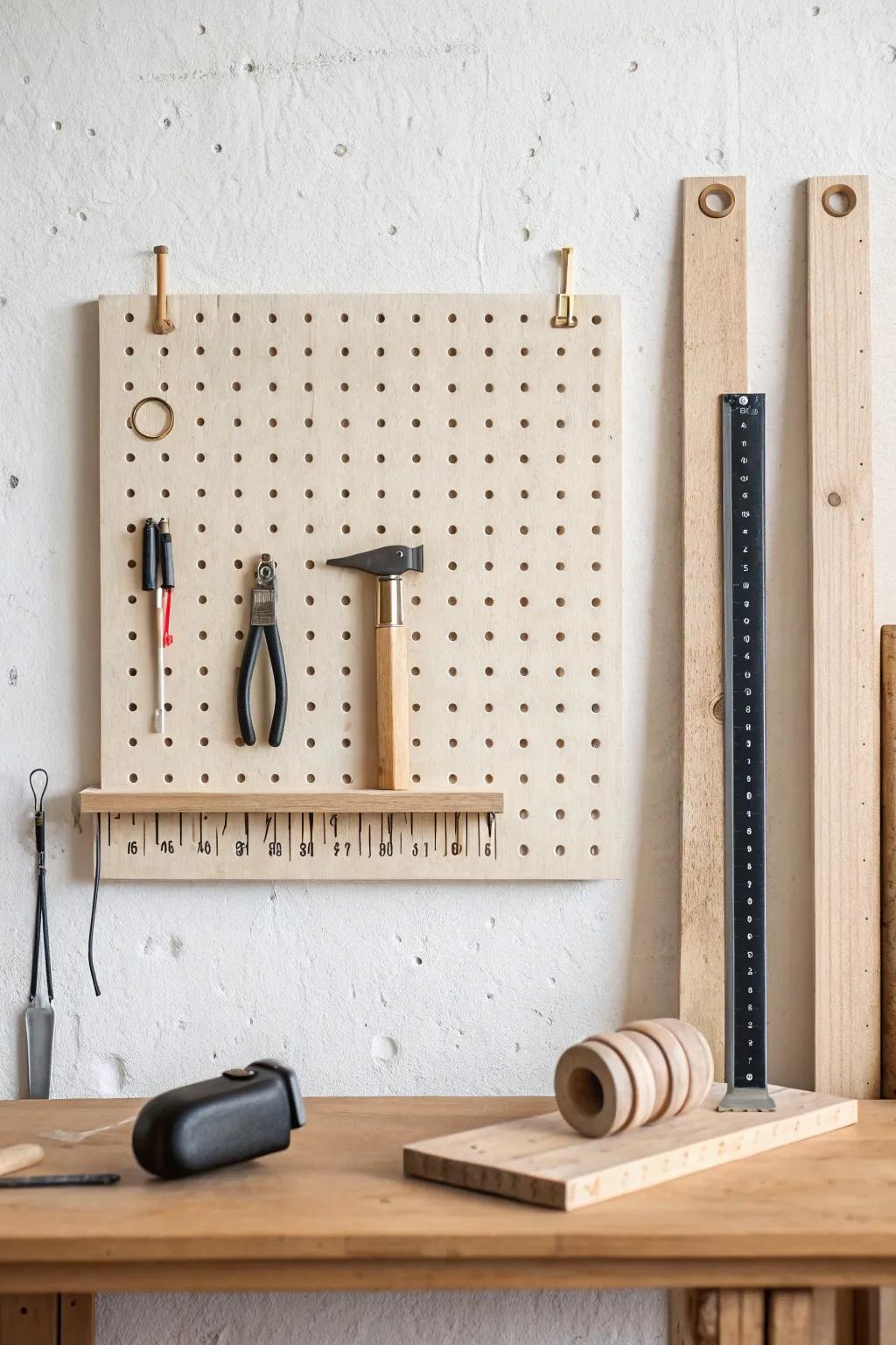 A simple pegboard zone keeps your measuring tools visible, tidy, and always within reach.