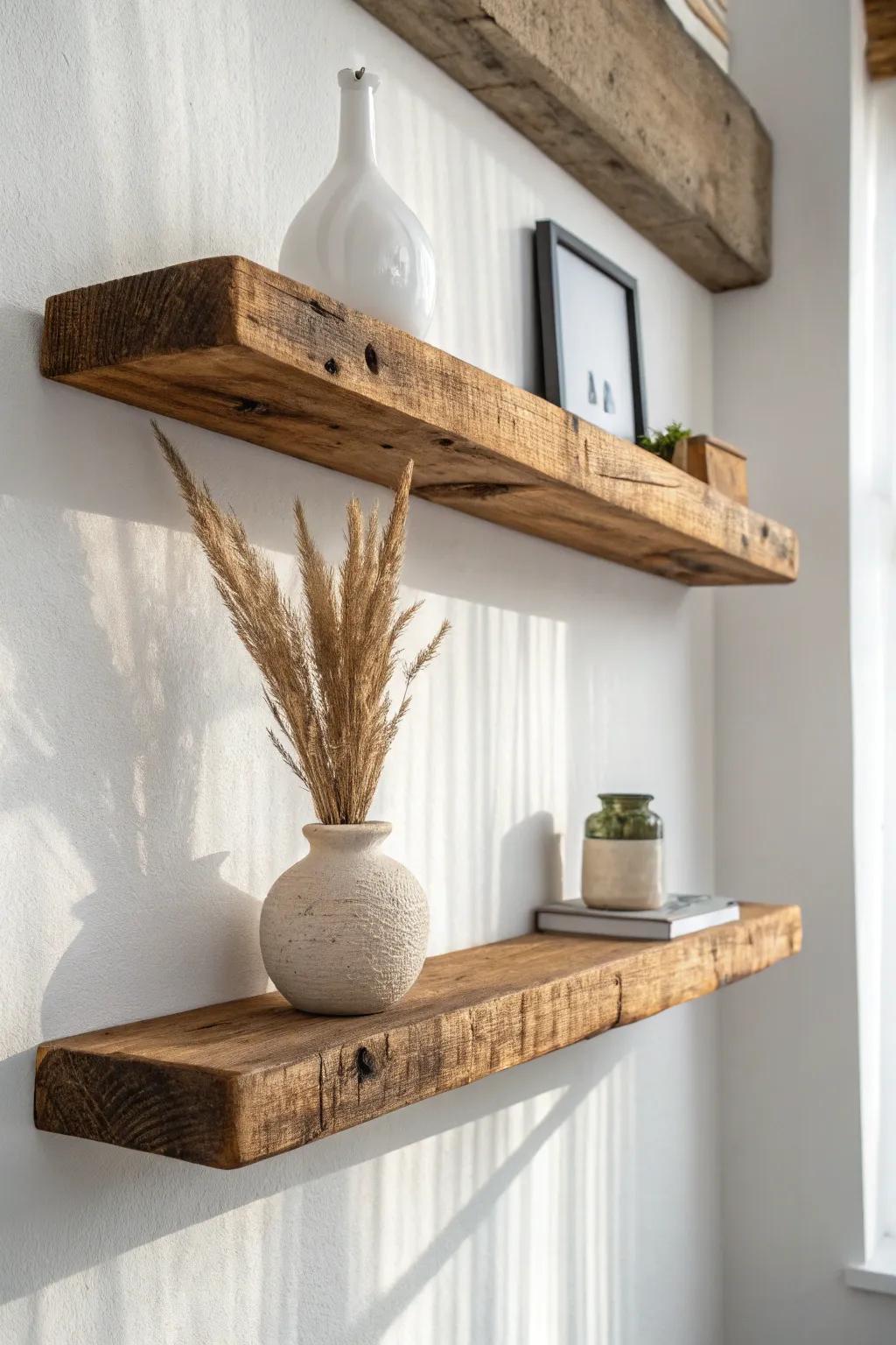 Rustic reclaimed-wood floating shelves—warm, minimal, and rock-solid with hidden cleats.