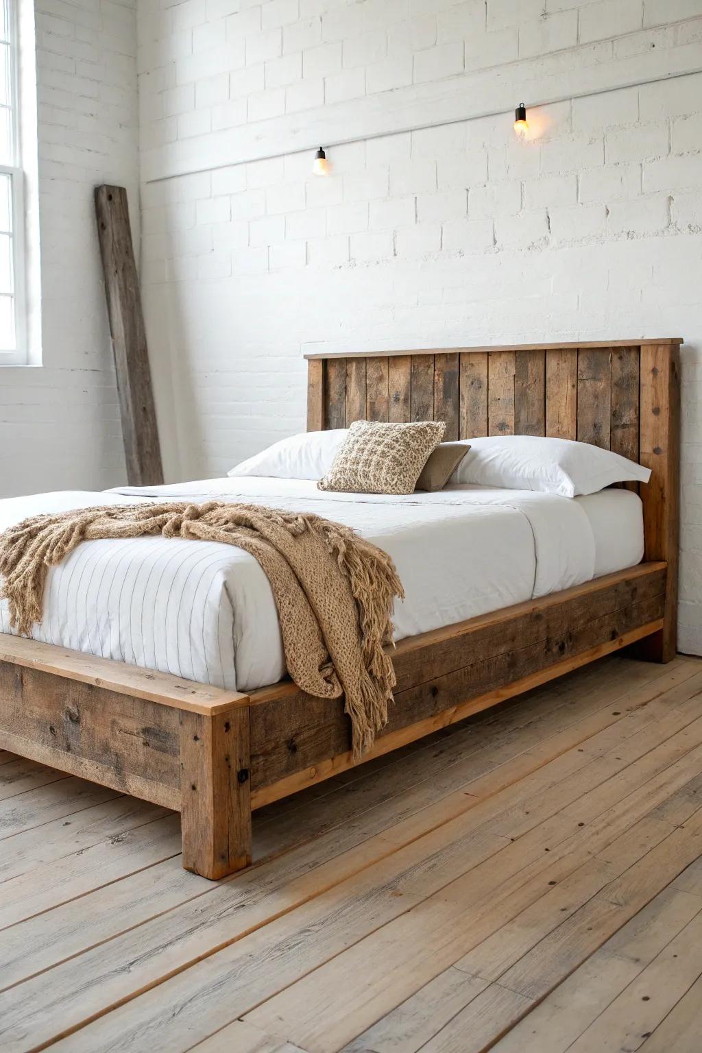 Reclaimed barn-wood platform bed: clean lines, saw marks on display, instant cozy cabin calm.