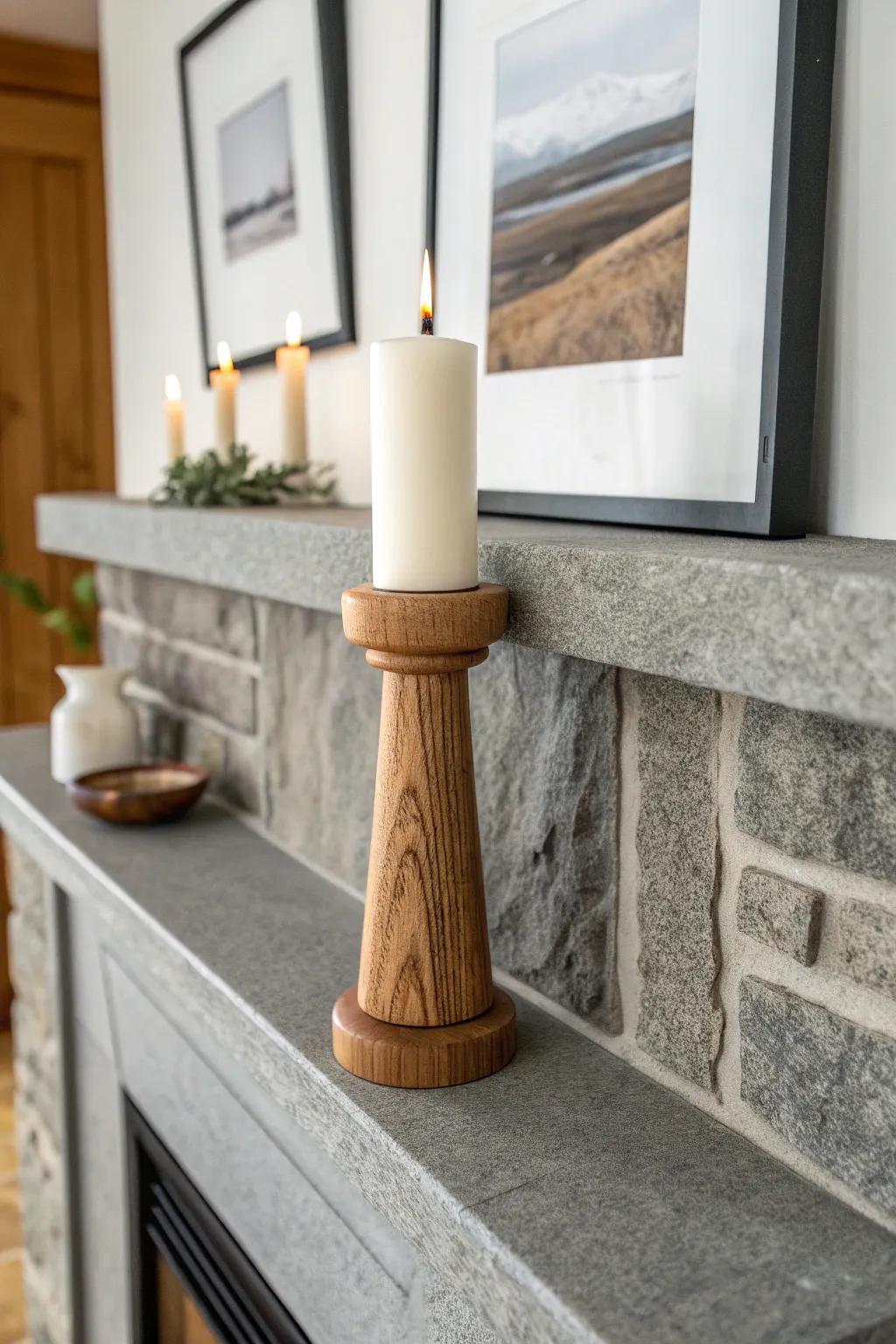 Chunky wood candlestick on a stone mantel—simple layers for a curated lodge vibe.