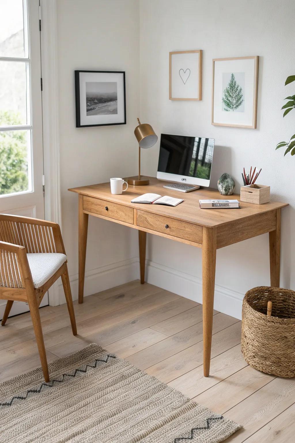 Classic L-shaped corner desk: extra workspace for small rooms with a clean Scandinavian vibe.
