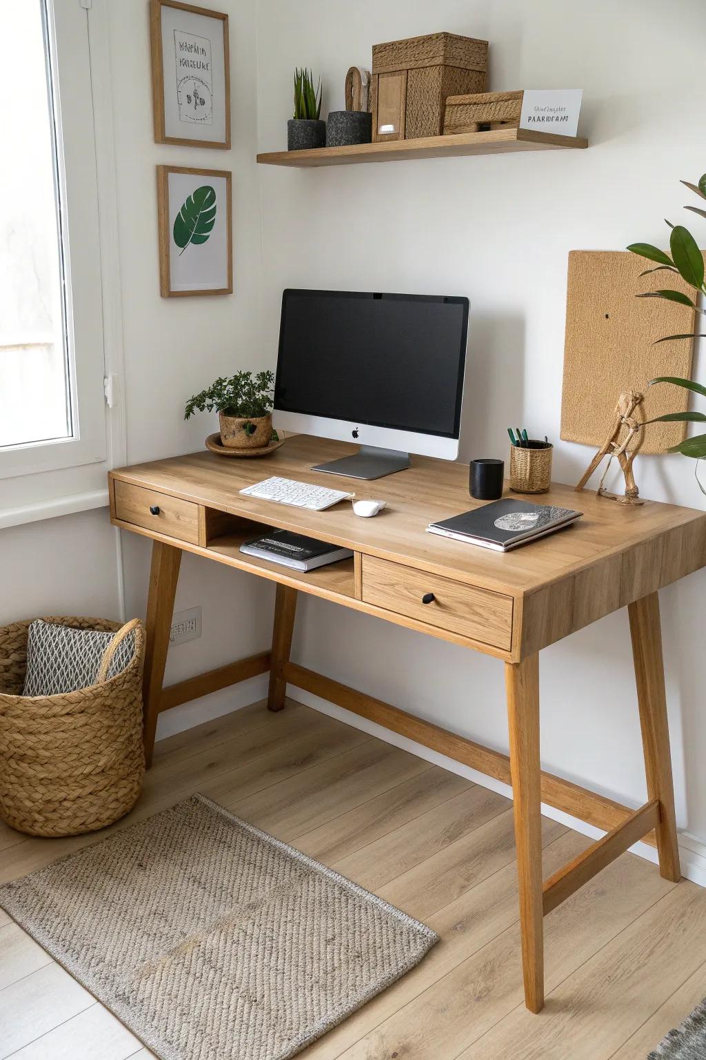 L-shaped corner workstation in warm oak—two calm zones for screen work and sketching, no creep.