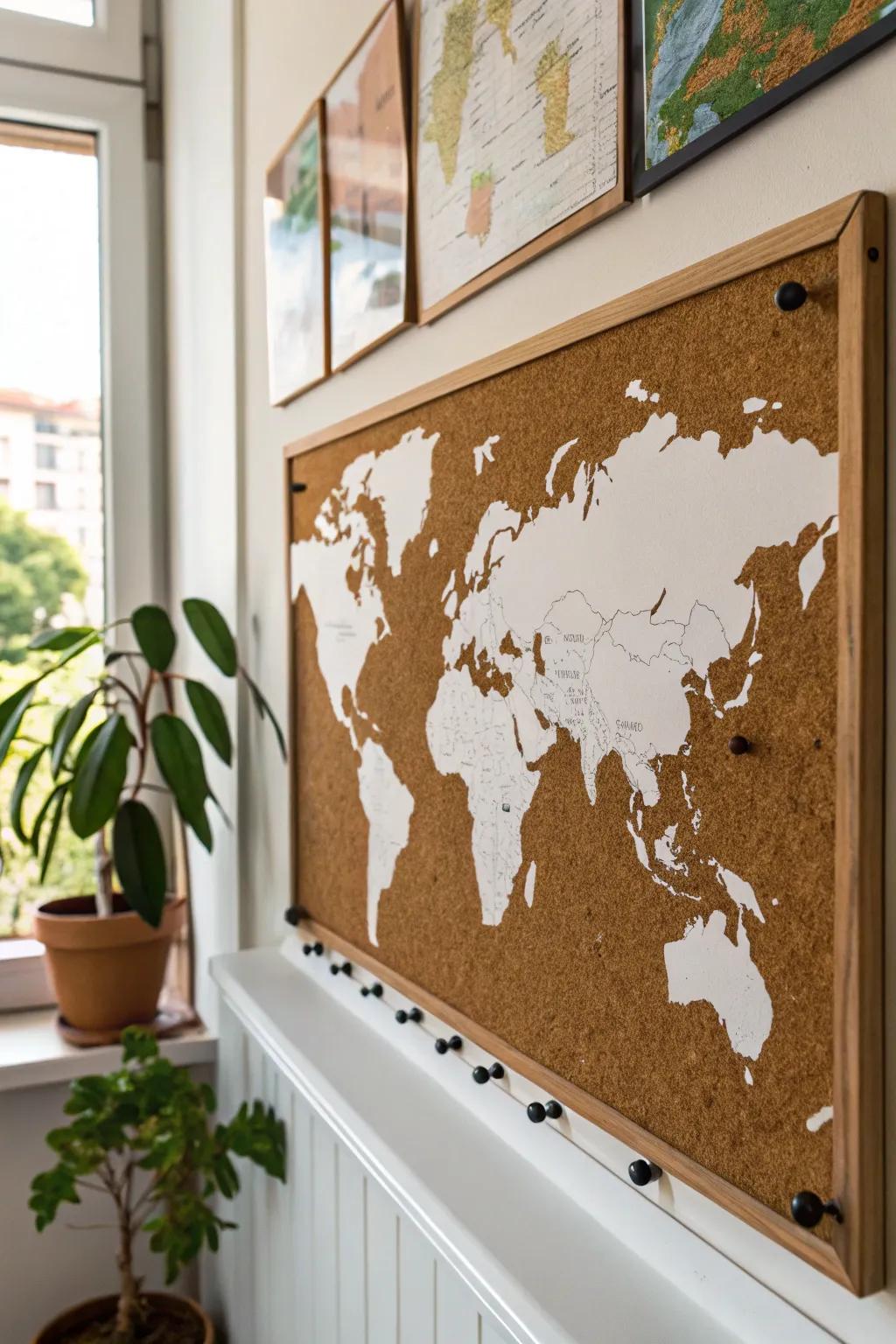 Cork-cut continents on stained wood—an elegant world map board with a satisfying pin “thunk.”