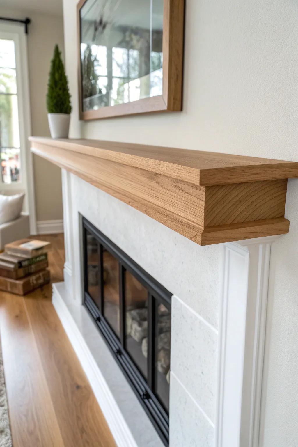 Crisp mitered corners make this bracket-free floating wrap-around mantel look seamless.
