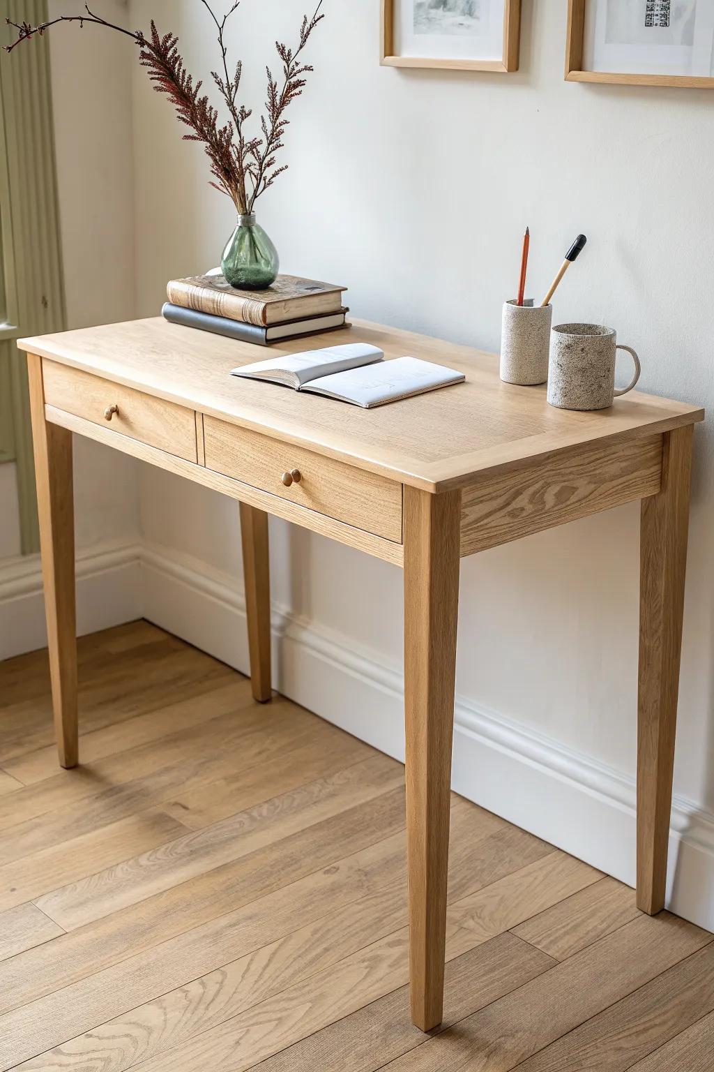 Light, airy Parsons desk in pale plywood with hardwood edging—minimal lines, maximum charm.