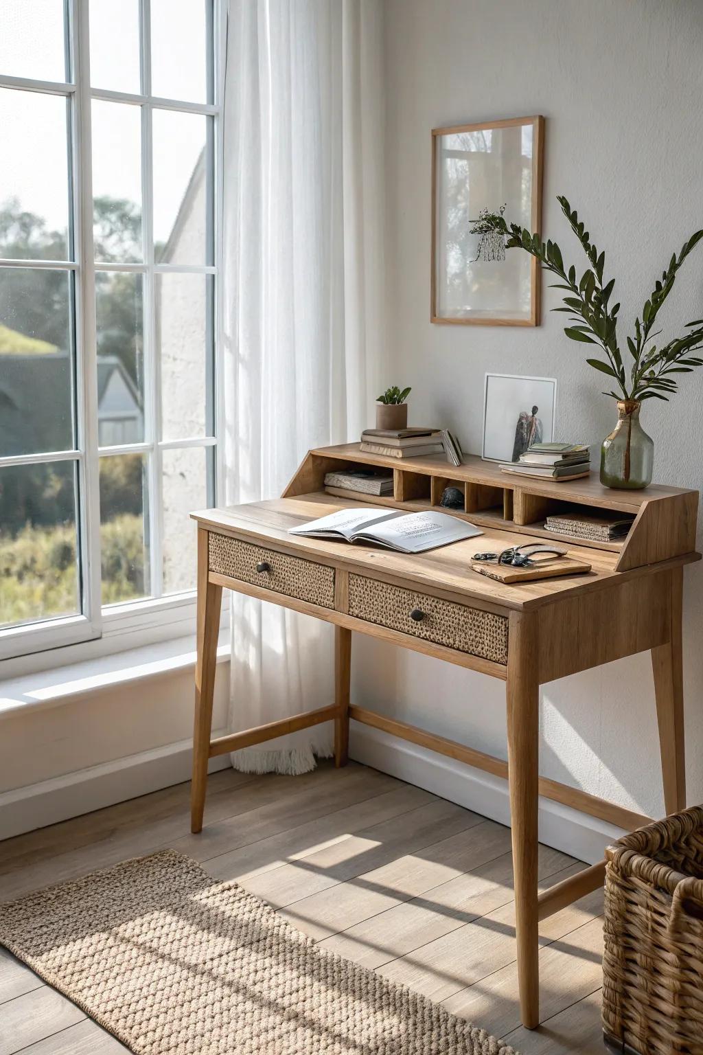 A writing desk facing the window—natural light, warm oak grain, and a calm minimalist vibe.
