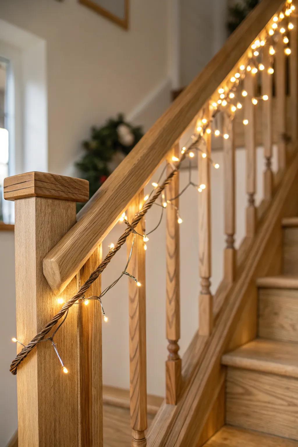 Warm white string lights woven into the banister for a cozy glow that feels effortless year-round.