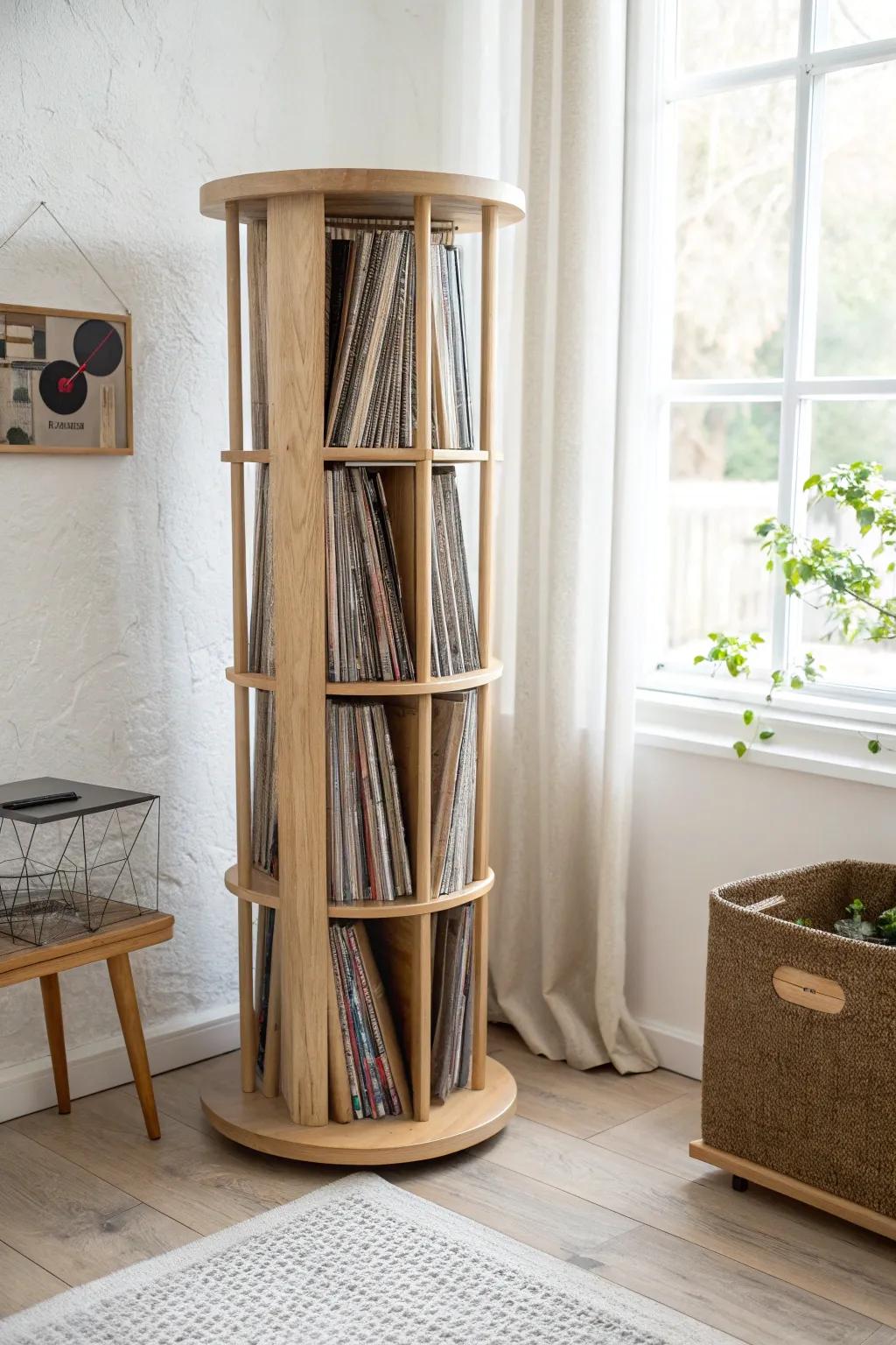 A sculptural rotating record carousel column—spin, browse, and store vinyl beautifully.