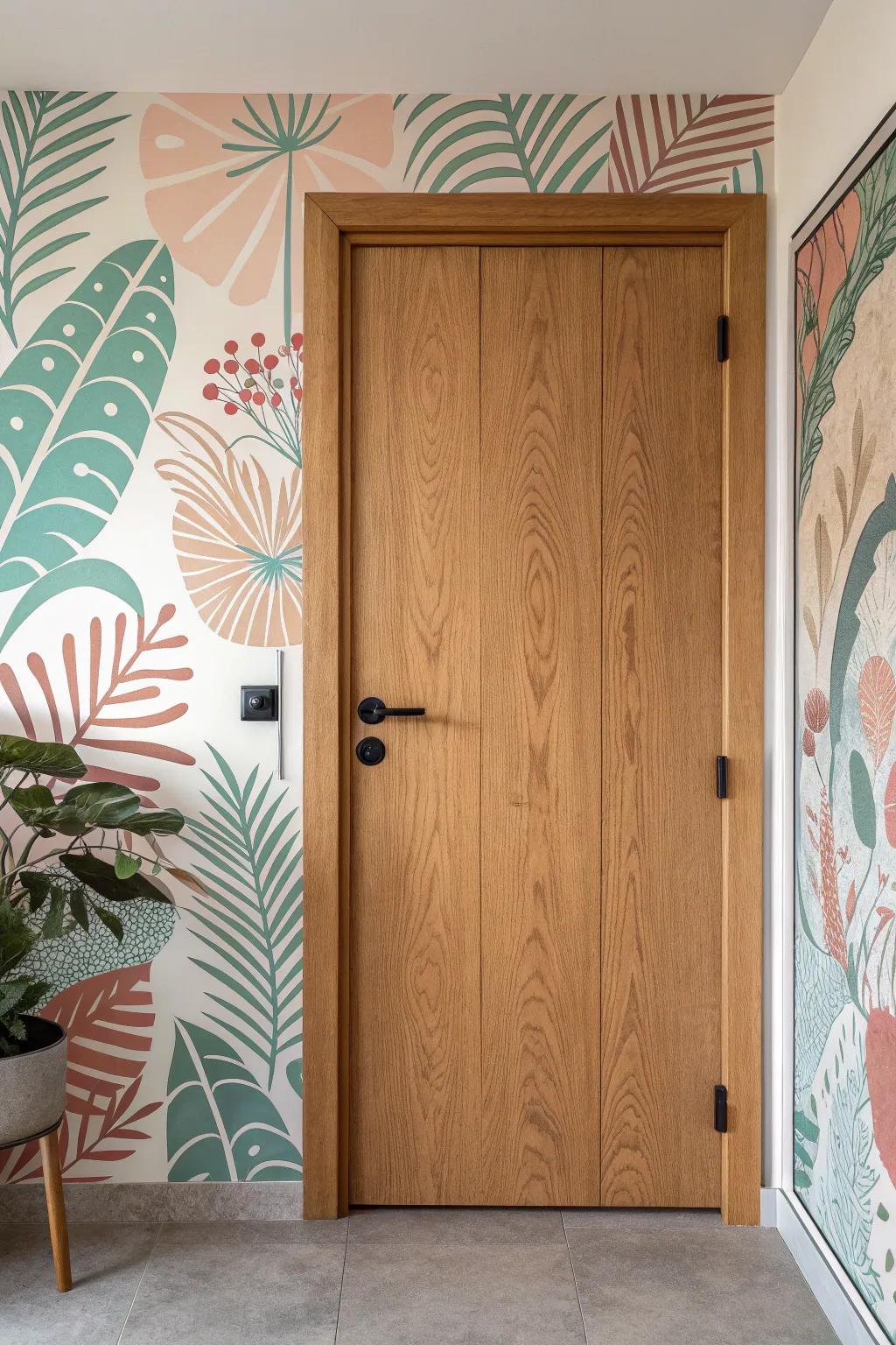 A plain oak-look door that opens to a hidden mural—an art-room secret in minimalist style.