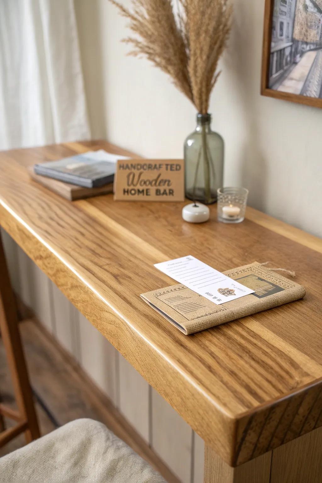 Clear epoxy turns keepsakes into a clean, glassy bar top—warm wood, meaningful memories, high shine.