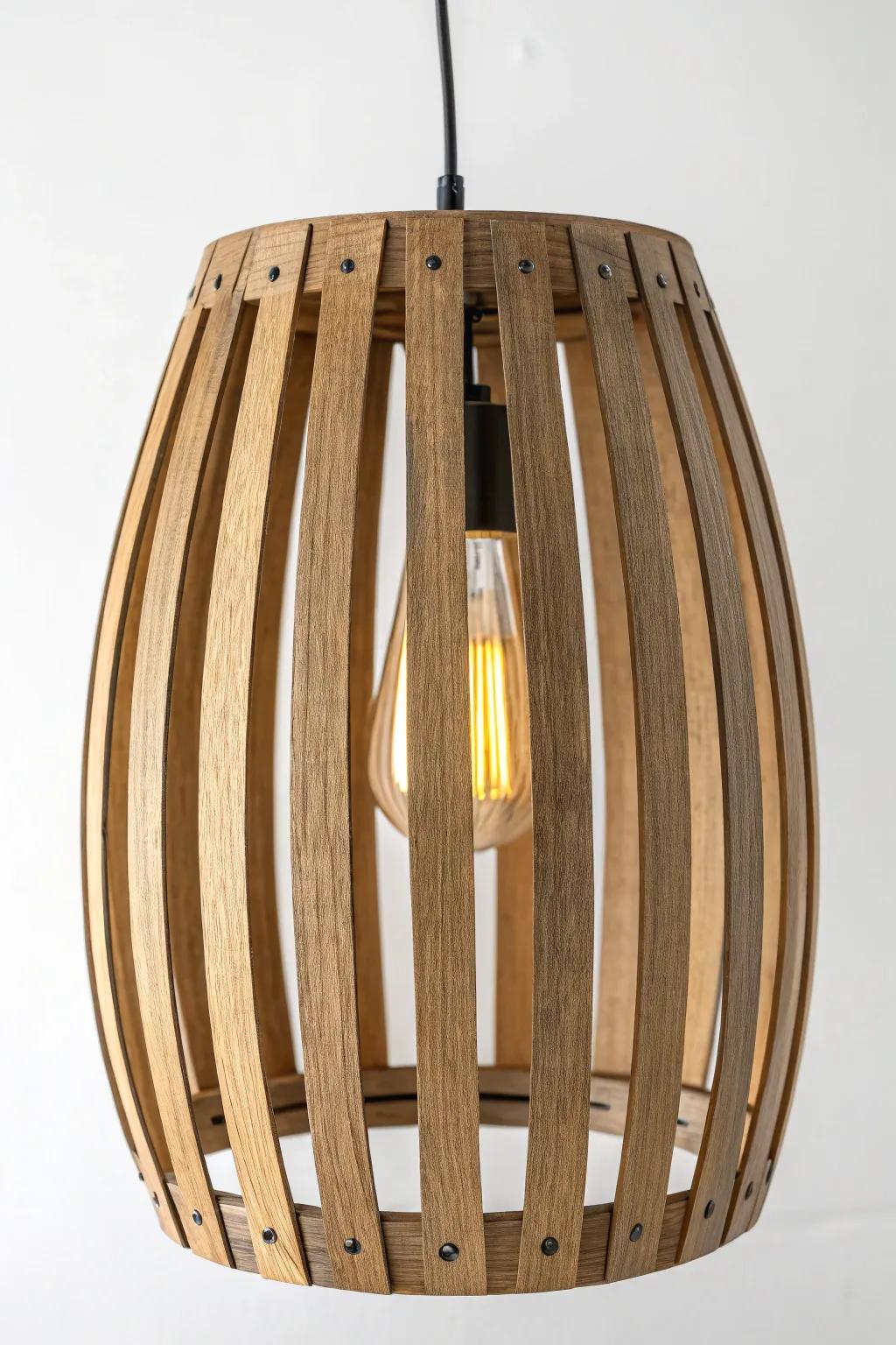 Slatted barrel-stave pendant shade—warm glow, clean lines, and upcycled oak character.