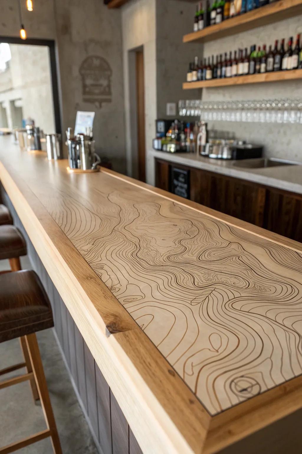 Topographic map wood inlay bar top—high-contrast tones, glass-smooth finish, pure Scandi calm.