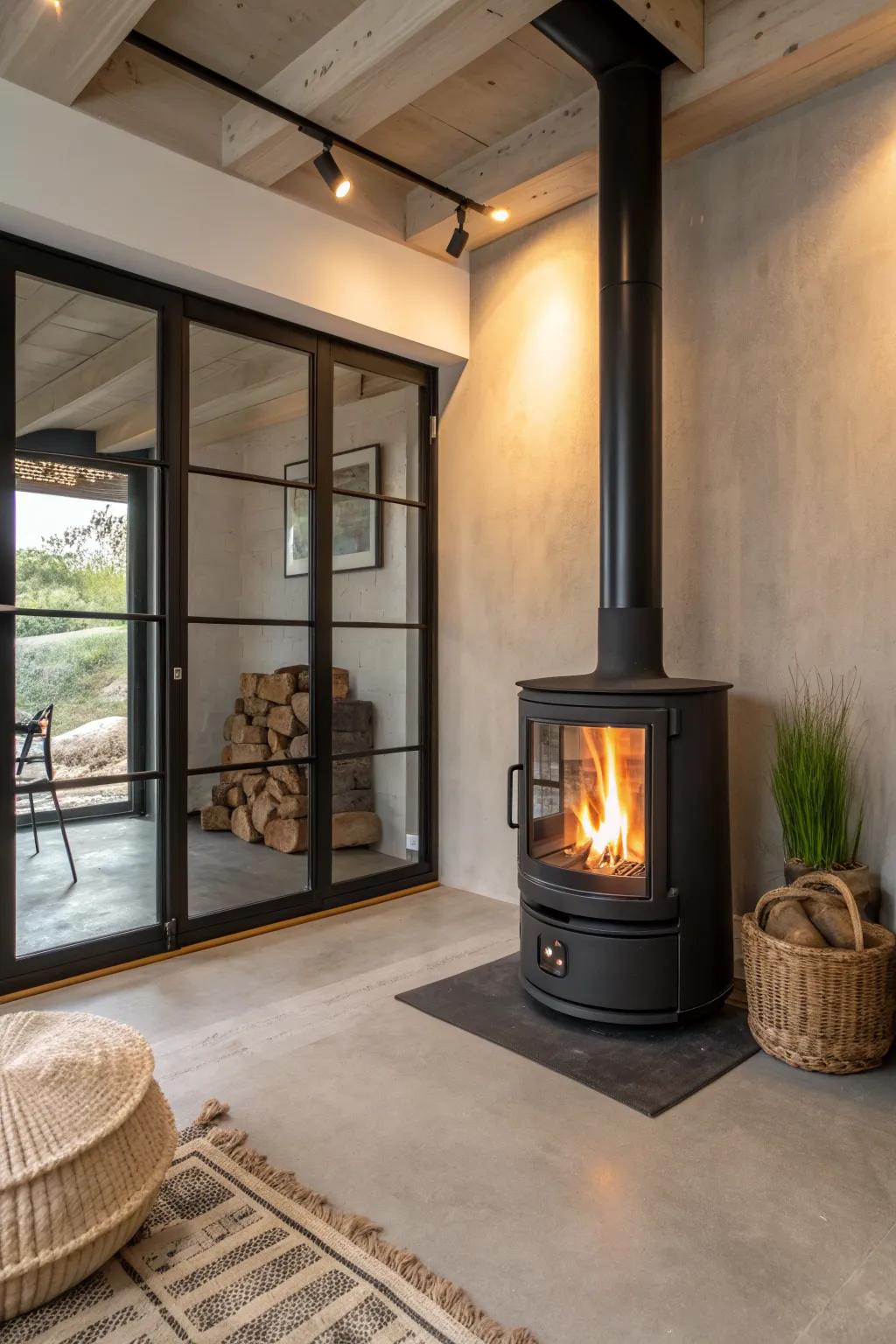 A glass partition makes your basement wood stove glow feel like a chic, cozy lounge.