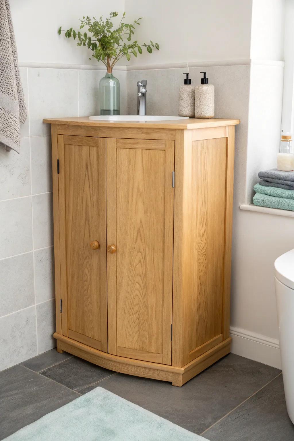 A minimalist corner cabinet topped with a resin “river” inlay for a subtle bathroom wow moment.