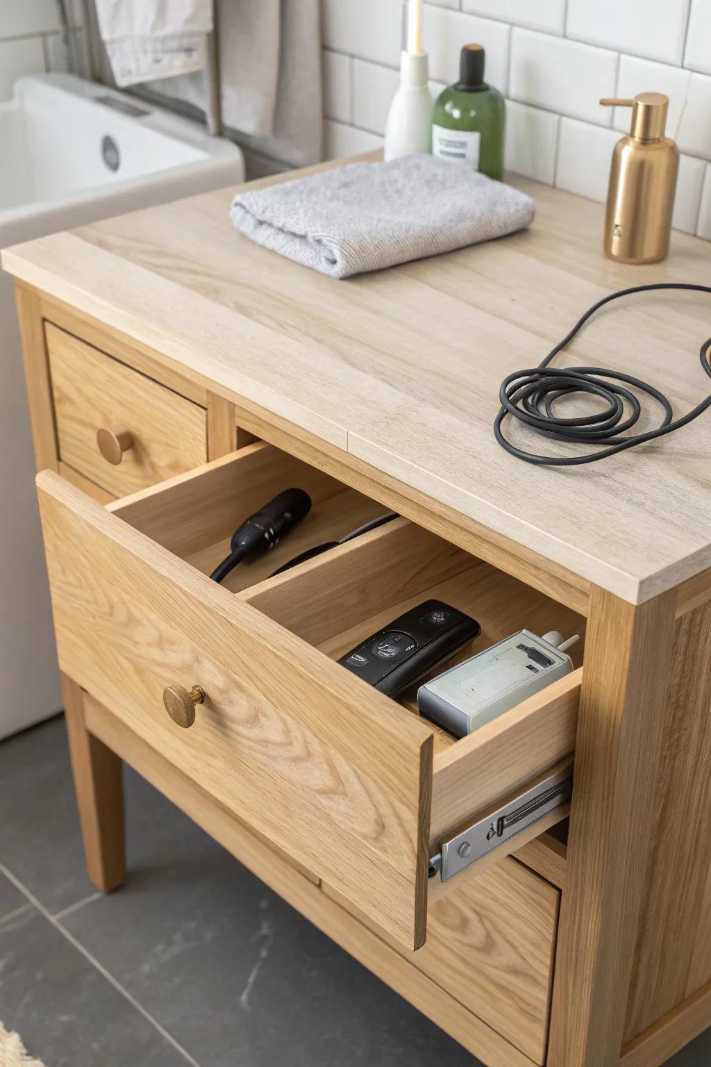A hidden charging drawer keeps styling tools organized, dry, and cord-free on your bathroom island.