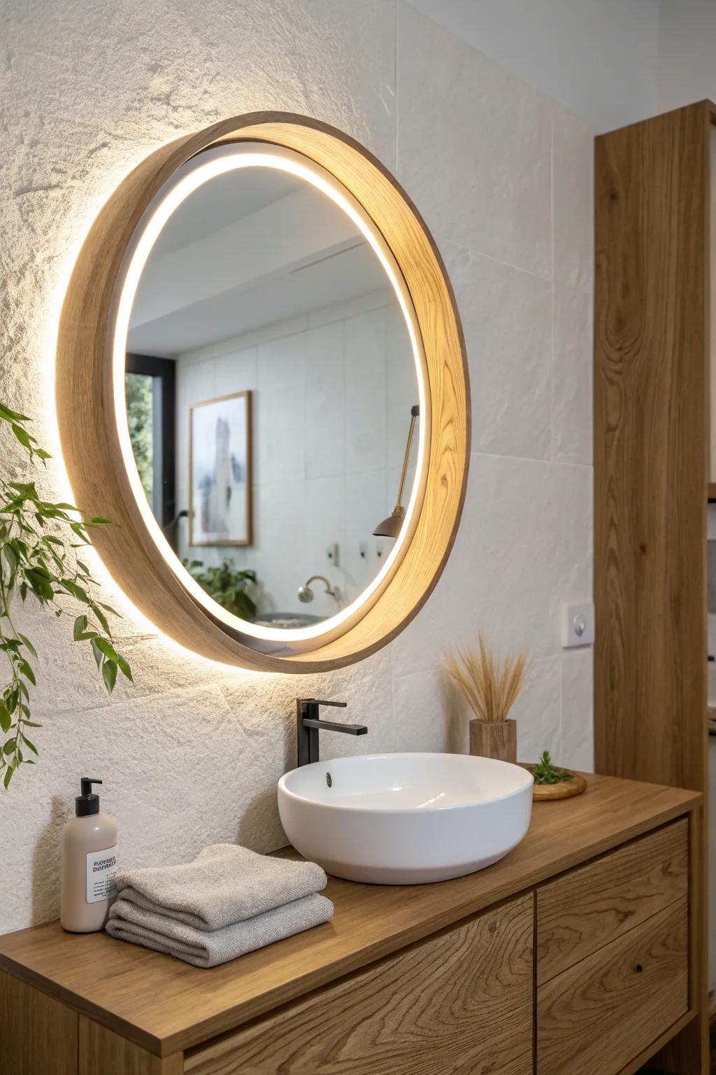 Floating oak border with hidden backlight—an easy, hotel-style glow for your vanity mirror.