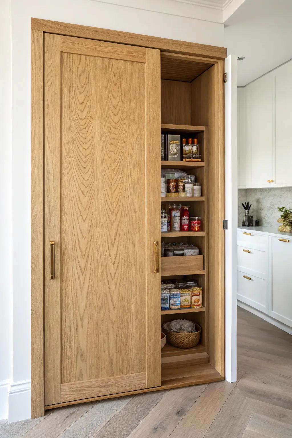 A flush wood panel hides overflow snacks—minimal, clever, and beautifully crafted.