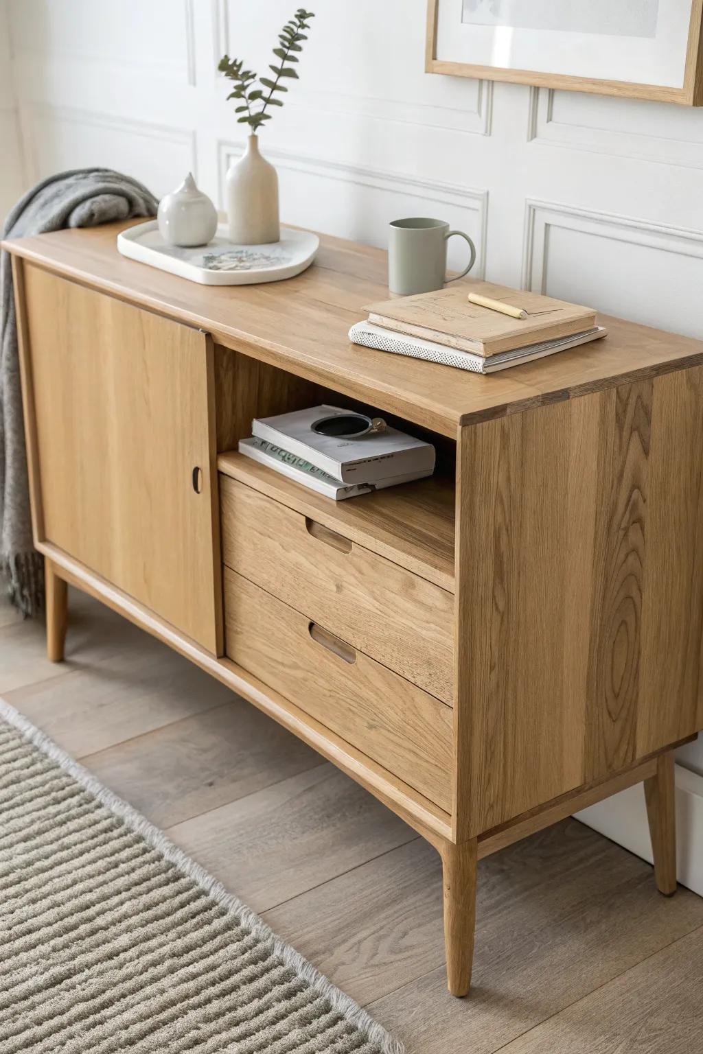 A sleek bedroom sideboard that reveals a hidden pull-out desk—storage by day, workspace in seconds.