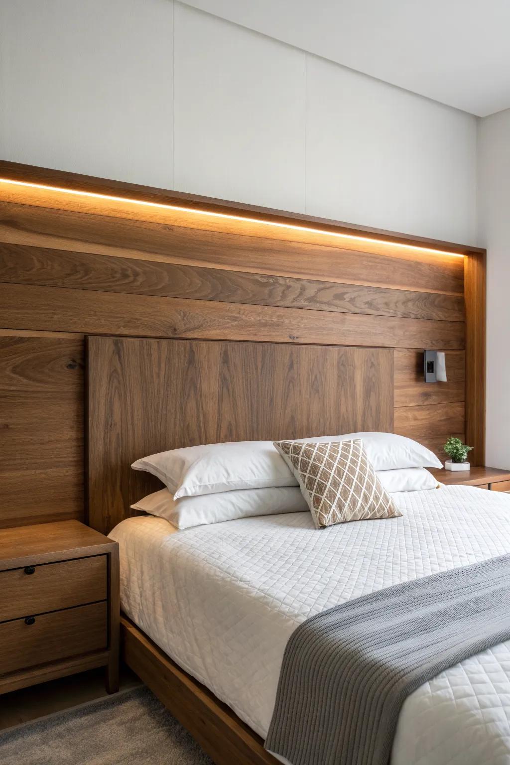 Walnut built-in headboard with a glowing resin inlay—rustic grain, modern LED magic.