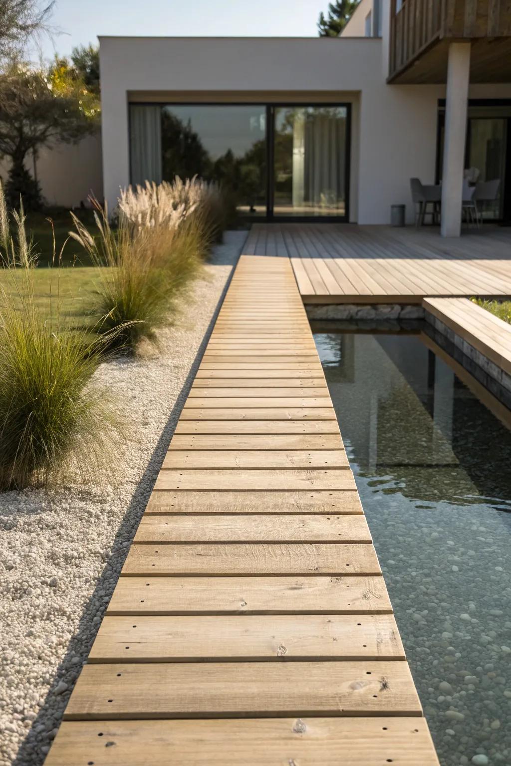 A slim wood bridge over a reflection pool—minimal, serene, and instantly resort-like.
