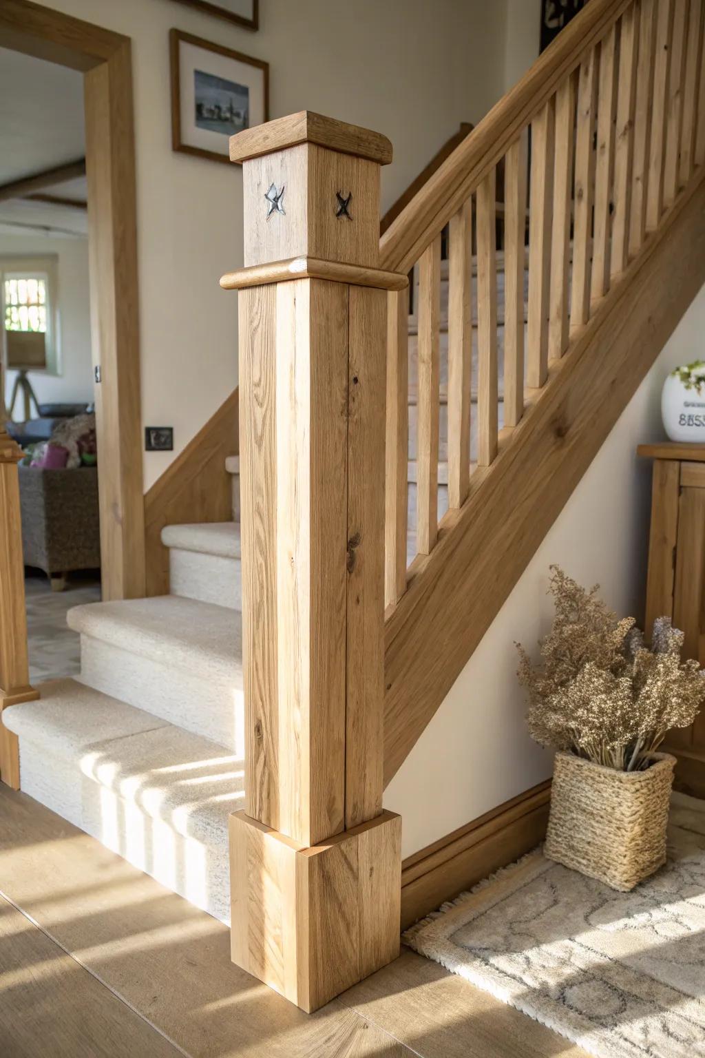 A hidden swing-out pet gate built into a sturdy newel post—rustic, clean, and clever.
