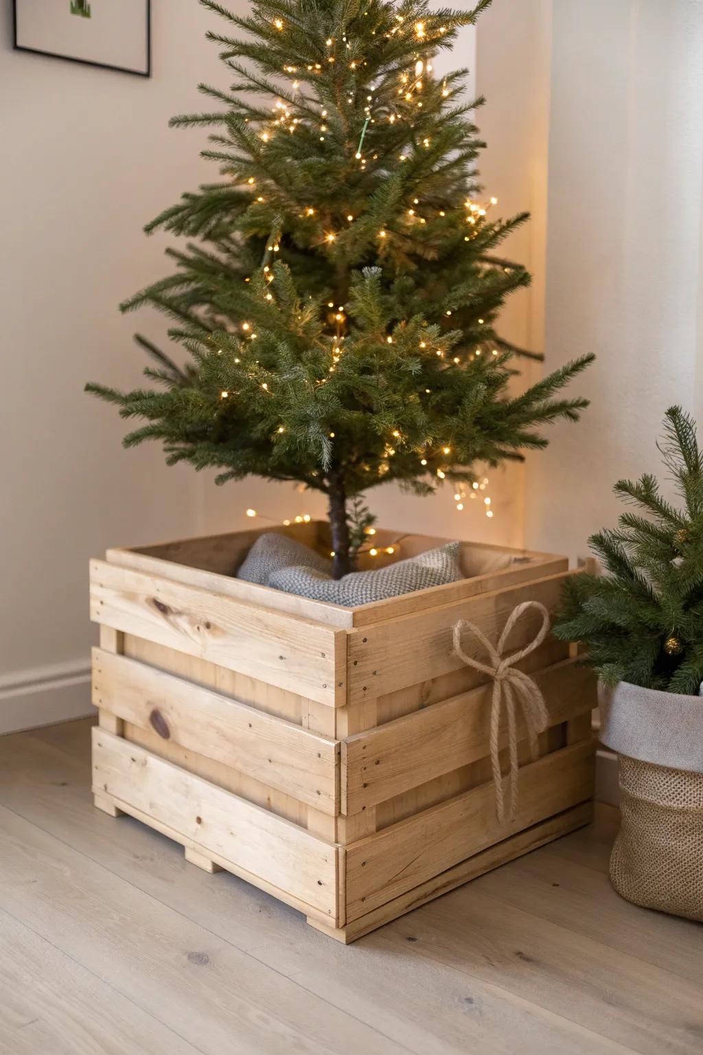 A rustic wood crate tree base with hidden string lights for a soft, cozy holiday glow.