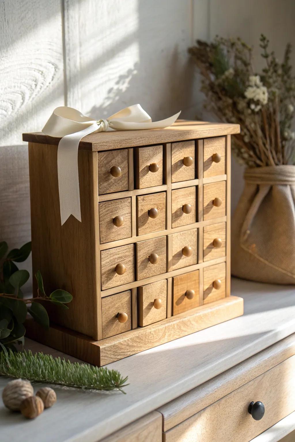 A tiny handcrafted advent drawer set turns your Christmas hutch into an interactive centerpiece.