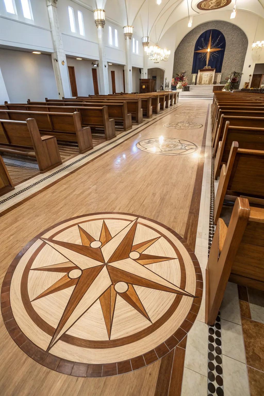 A serene stop-and-stare detail: pale oak planks framing a dark walnut inlaid medallion.